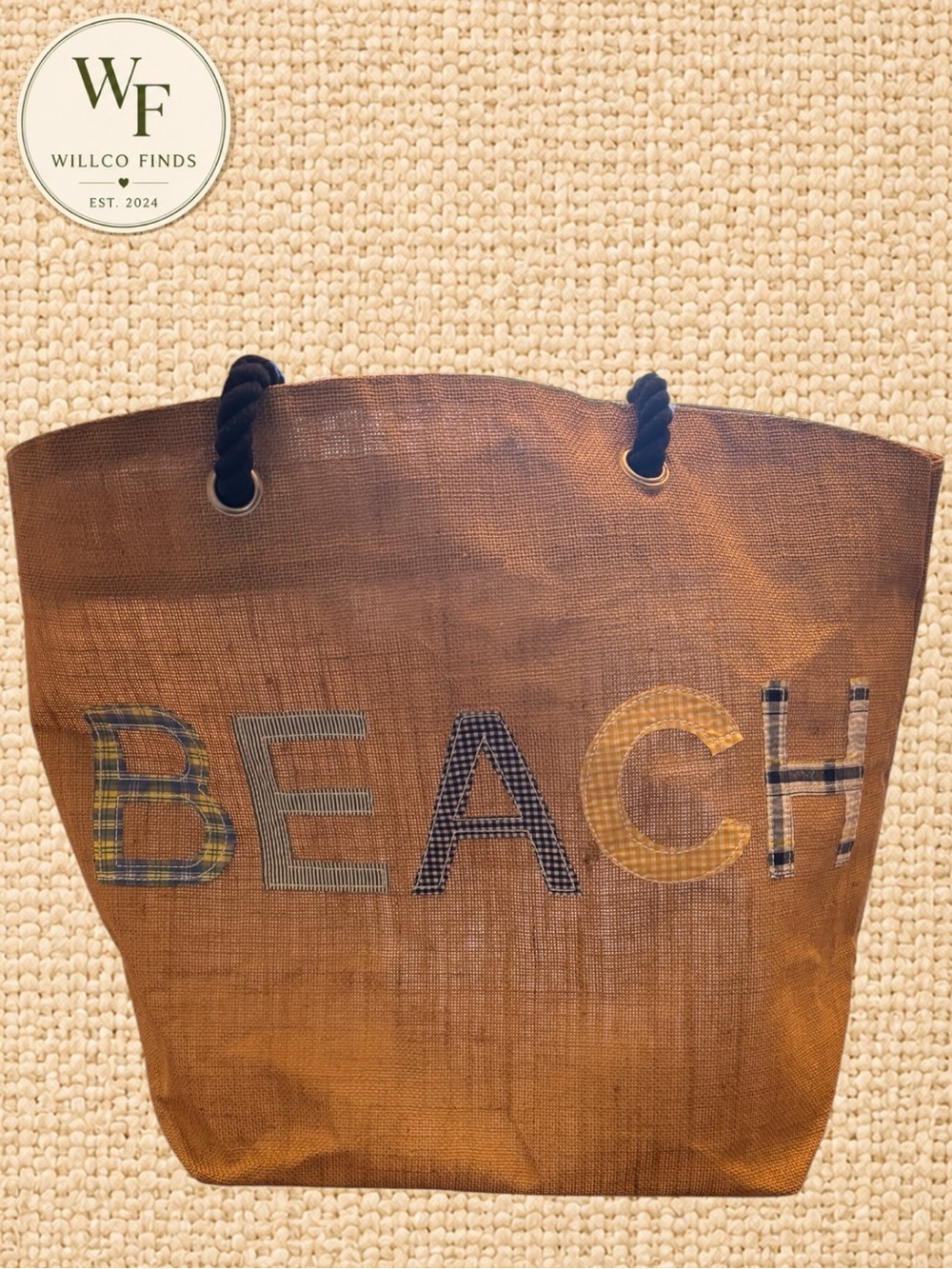 Large Jute BEACH Tote Bag Plaid Applique Black Rope Handles Coastal